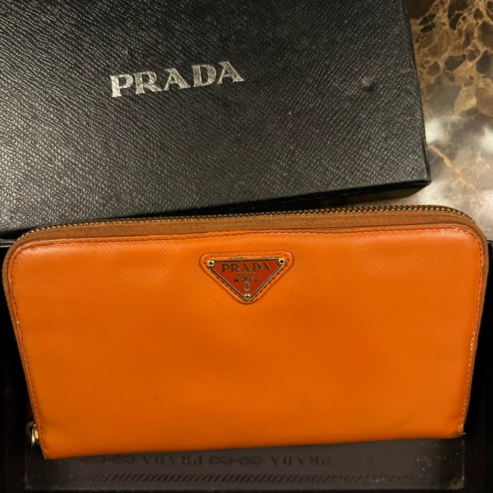 Prada Saffiano Leather Zip Wallet in Papaya (Orange) 🍊